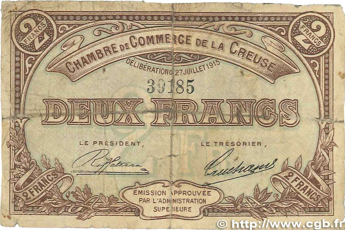 2 Francs FRANCE Regionalismus und verschiedenen Guéret 1915 JP.064.05 SGE