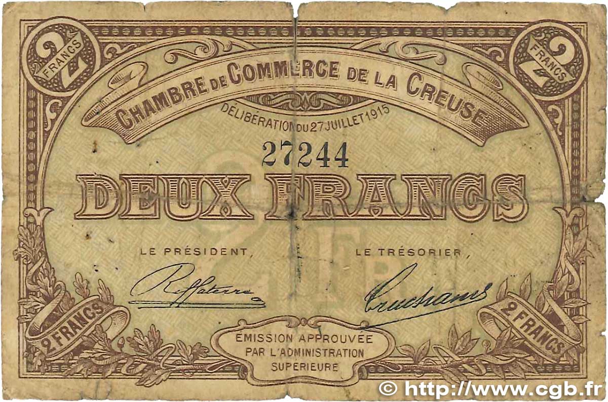 2 Francs FRANCE regionalismo e varie Guéret 1915 JP.064.05 B