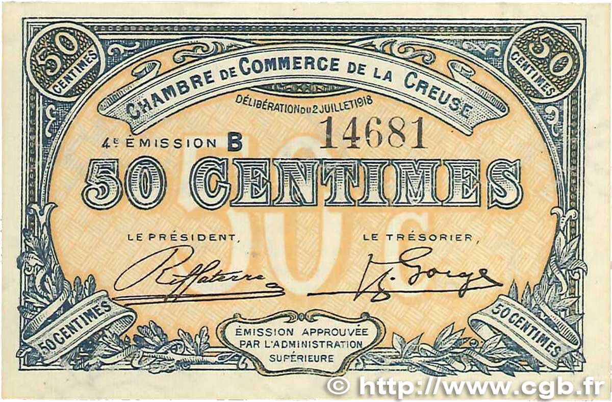50 Centimes FRANCE regionalismo e varie Guéret 1918 JP.064.16 AU