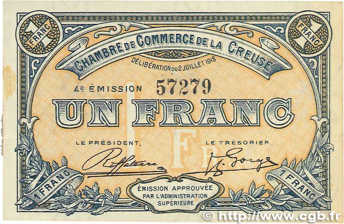 1 Franc FRANCE regionalismo y varios Guéret 1918 JP.064.17 SC