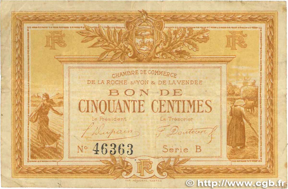 50 Centimes FRANCE Regionalismus und verschiedenen La Roche-Sur-Yon 1915 JP.065.01 fSS