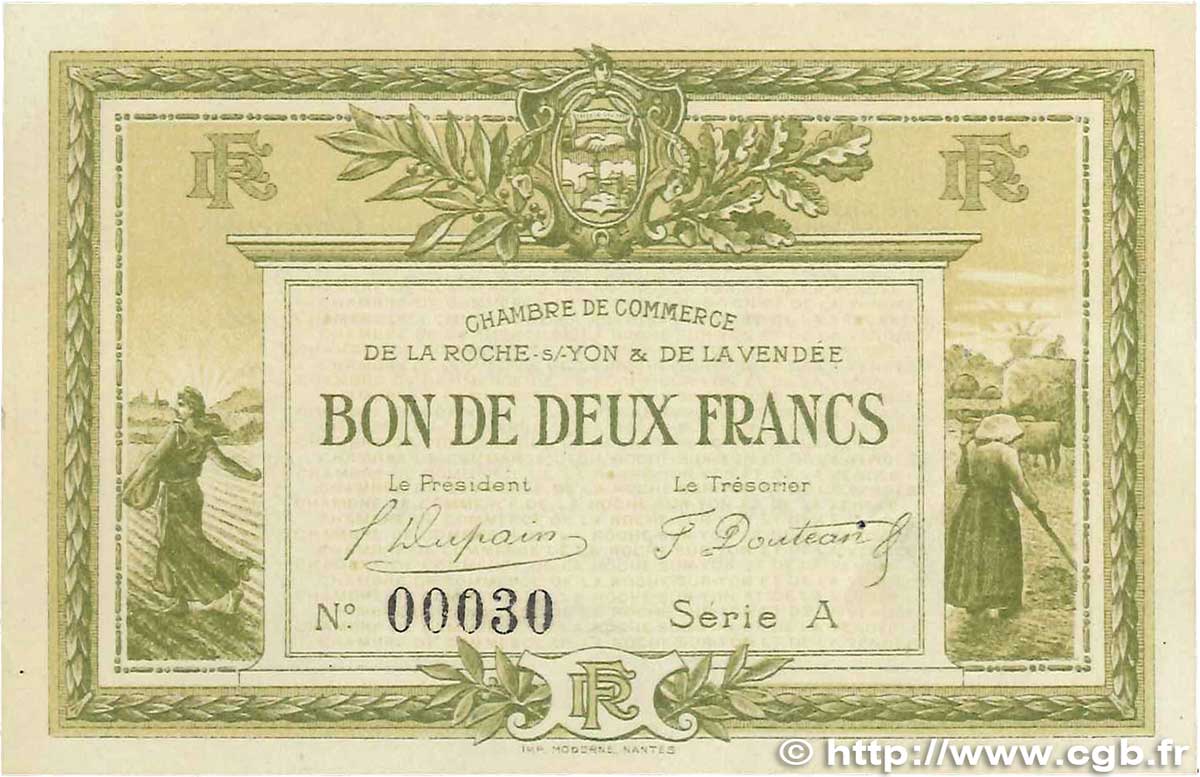 2 Francs FRANCE Regionalismus und verschiedenen La Roche-Sur-Yon 1915 JP.065.10 fST