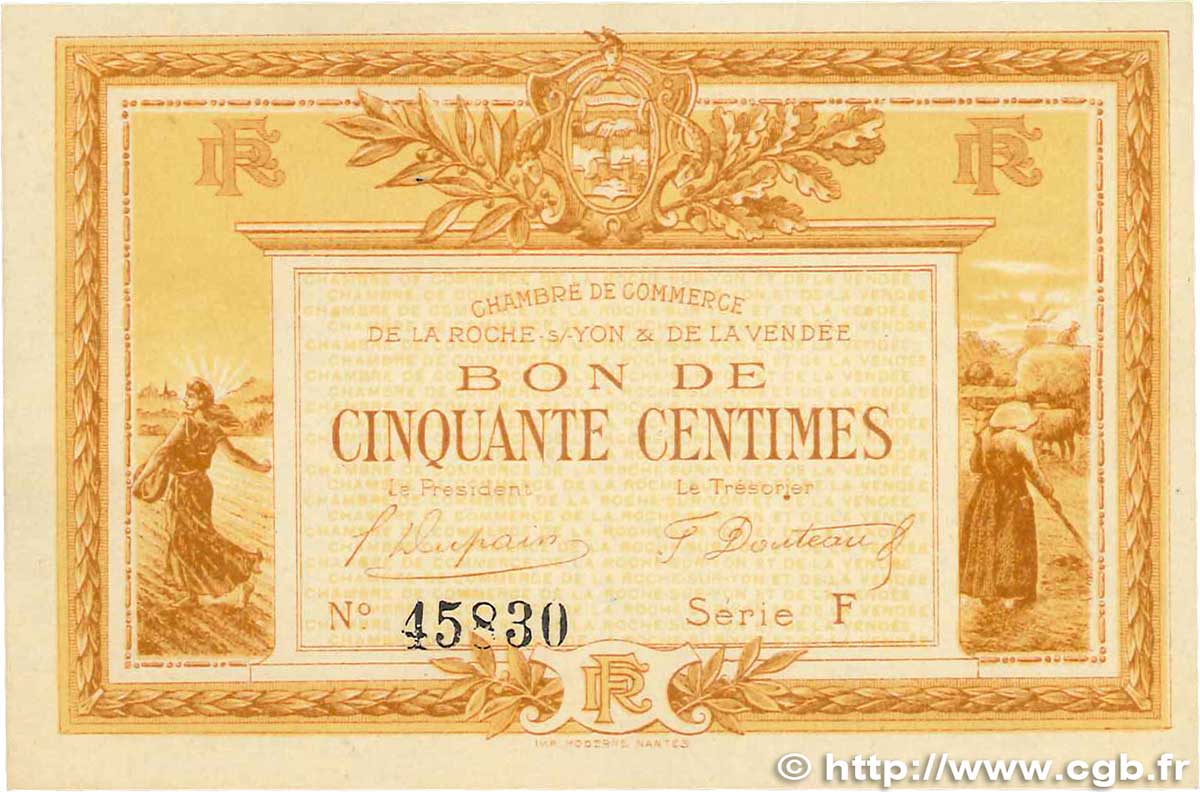 50 Centimes FRANCE Regionalismus und verschiedenen La Roche-Sur-Yon 1915 JP.065.14 fST
