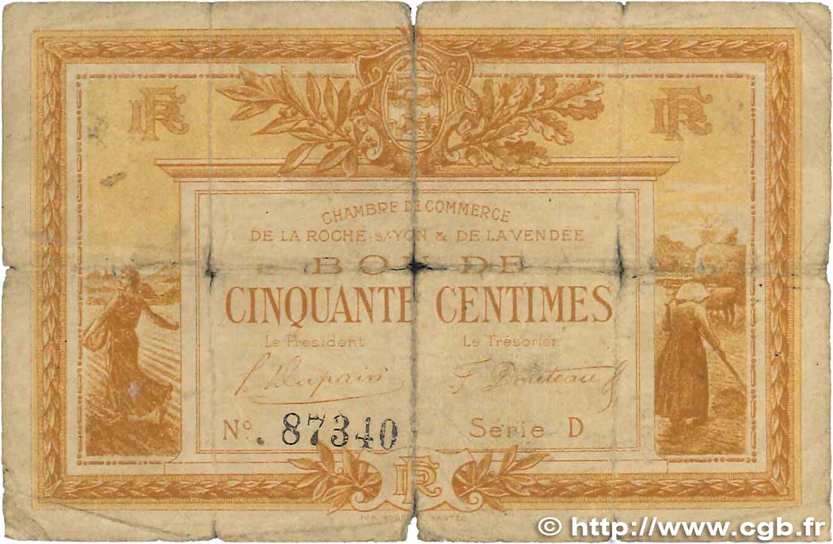 50 Centimes  FRANCE régionalisme et divers La Roche-Sur-Yon 1915 JP.065.14 B