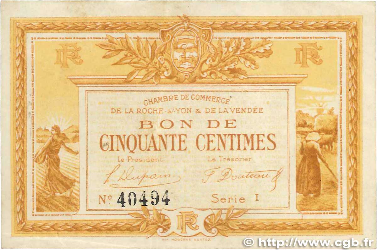 50 Centimes FRANCE regionalism and miscellaneous La Roche-Sur-Yon 1915 JP.065.16 VF+