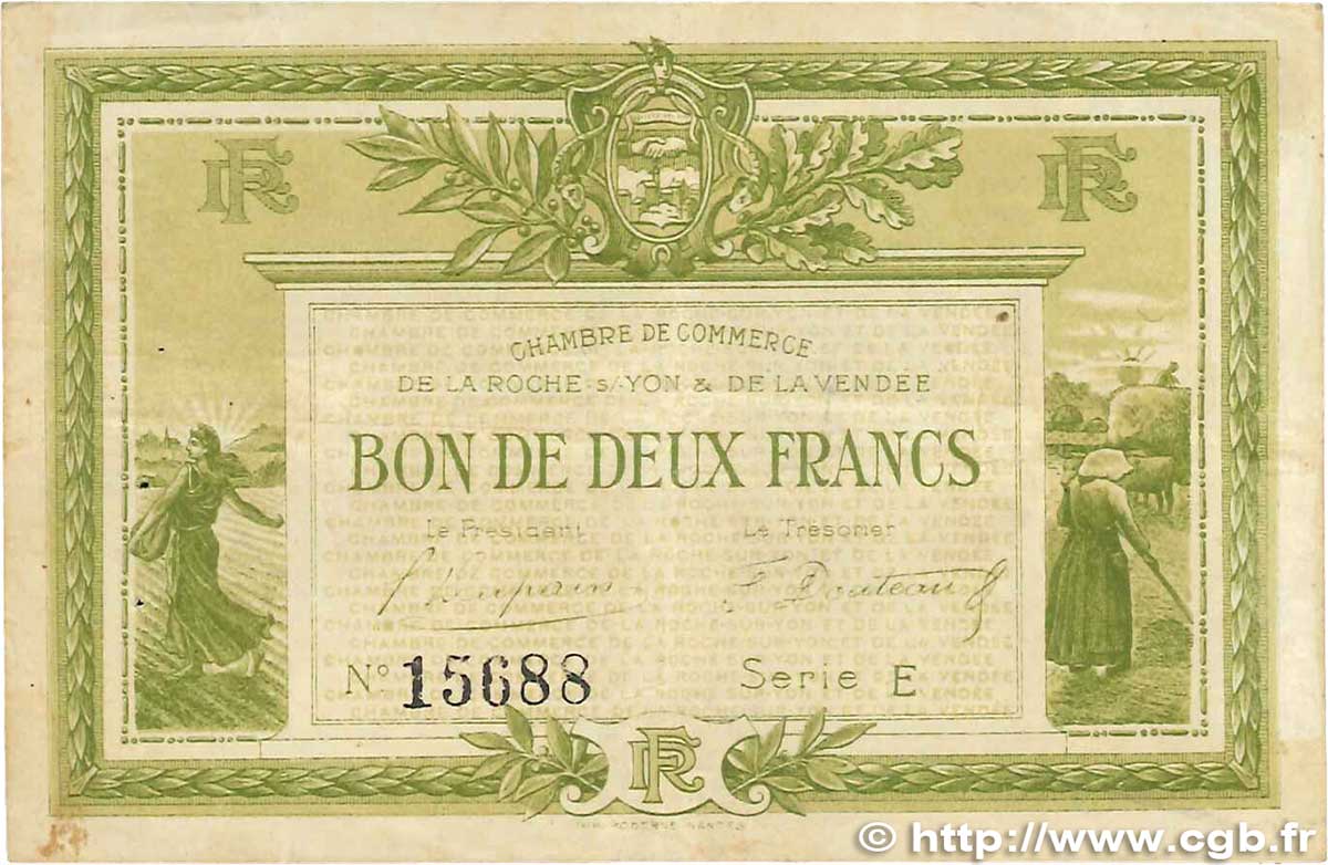 2 Francs FRANCE Regionalismus und verschiedenen La Roche-Sur-Yon 1915 JP.065.21 SS
