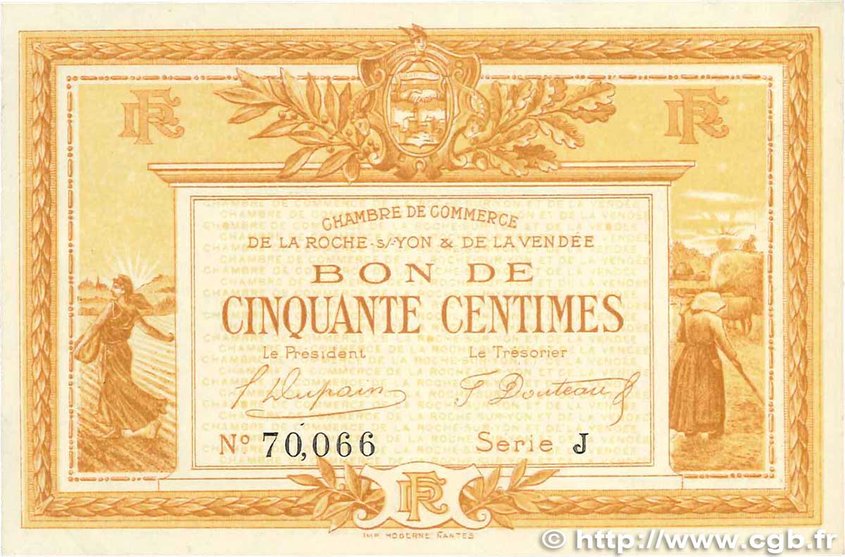 50 Centimes FRANCE regionalism and various La Roche-Sur-Yon 1915 JP.065.23 XF+