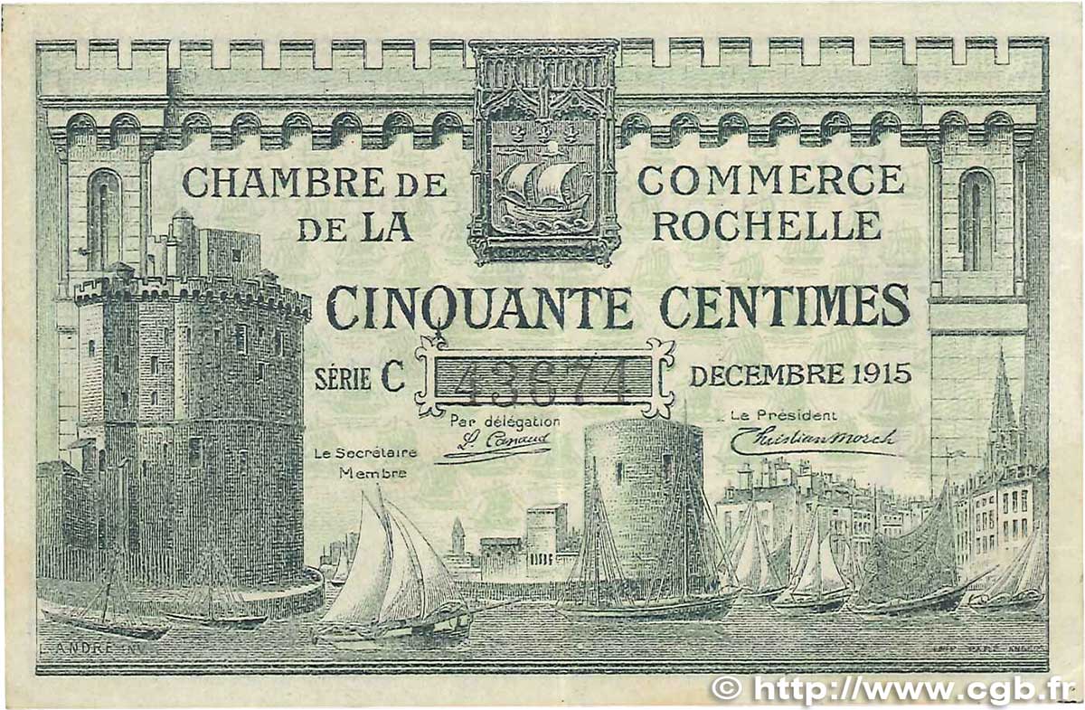 50 Centimes FRANCE regionalismo e varie La Rochelle 1915 JP.066.01 SPL
