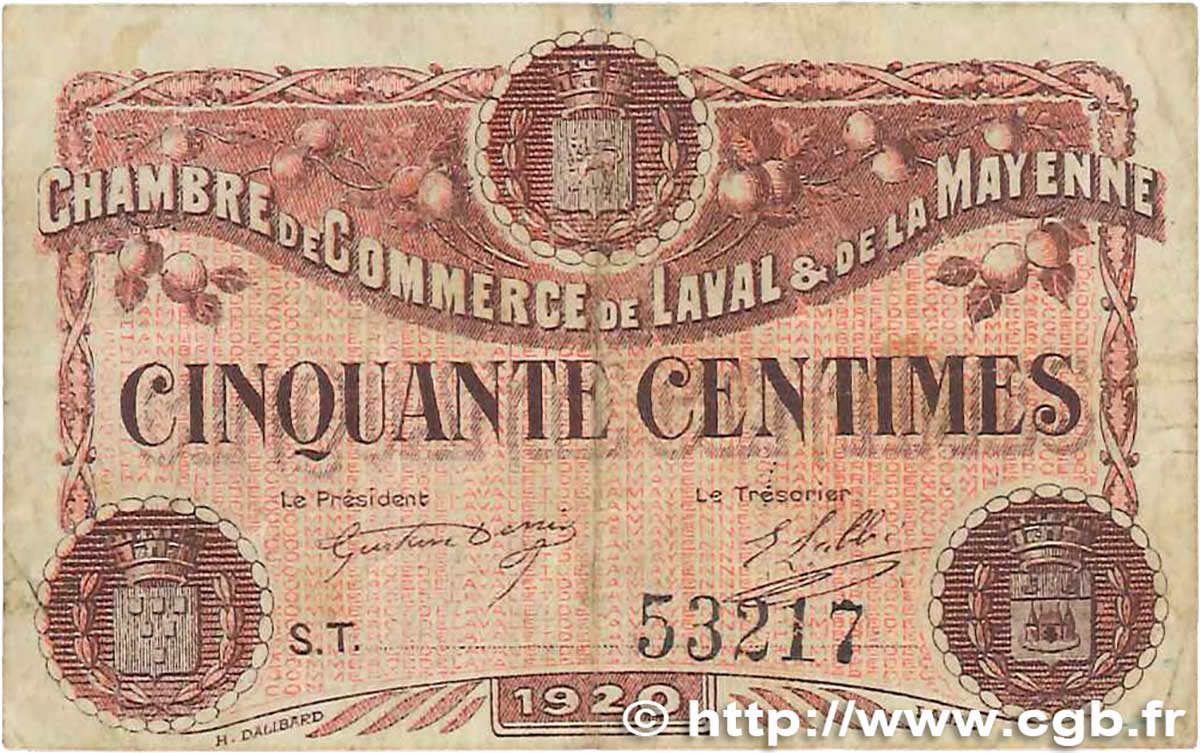 50 Centimes FRANCE regionalism and various Laval 1920 JP.067.01 VF-