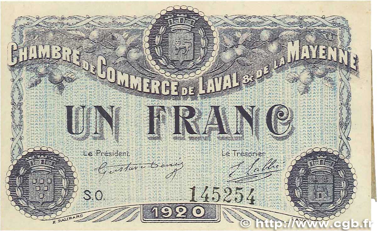 1 Franc FRANCE regionalism and various  1920 JP.067.02var. XF+