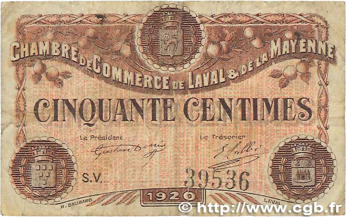 50 Centimes FRANCE Regionalismus und verschiedenen Laval 1920 JP.067.03 S
