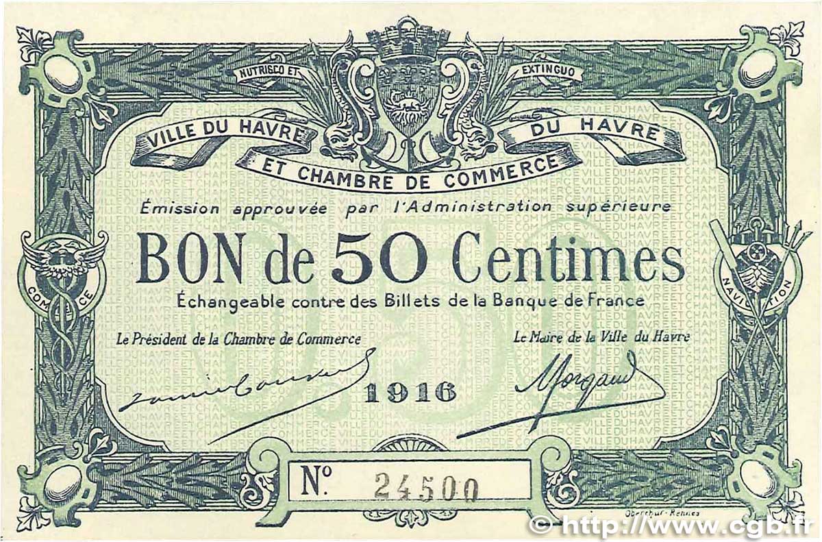 50 Centimes FRANCE regionalism and miscellaneous Le Havre 1916 JP.068.14 UNC-