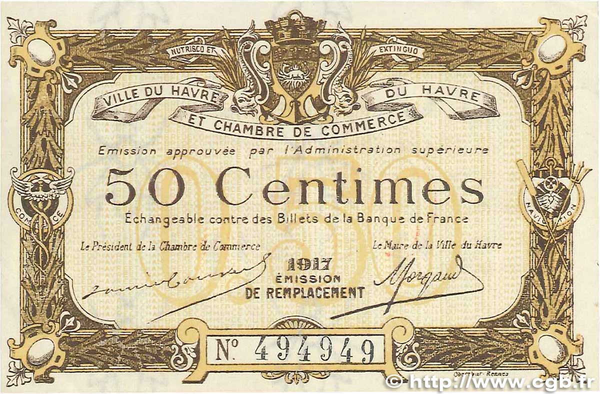 50 Centimes FRANCE regionalism and miscellaneous Le Havre 1917 JP.068.17 AU