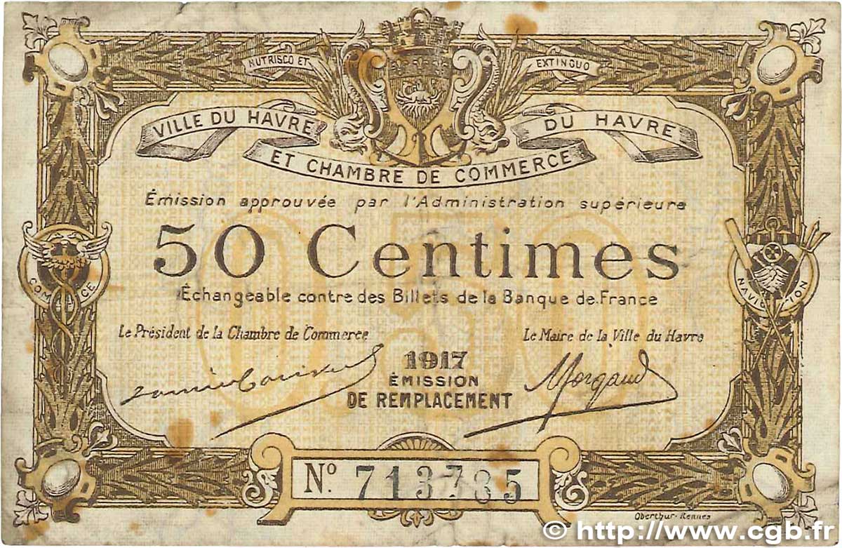 50 Centimes FRANCE regionalism and miscellaneous Le Havre 1917 JP.068.17 F
