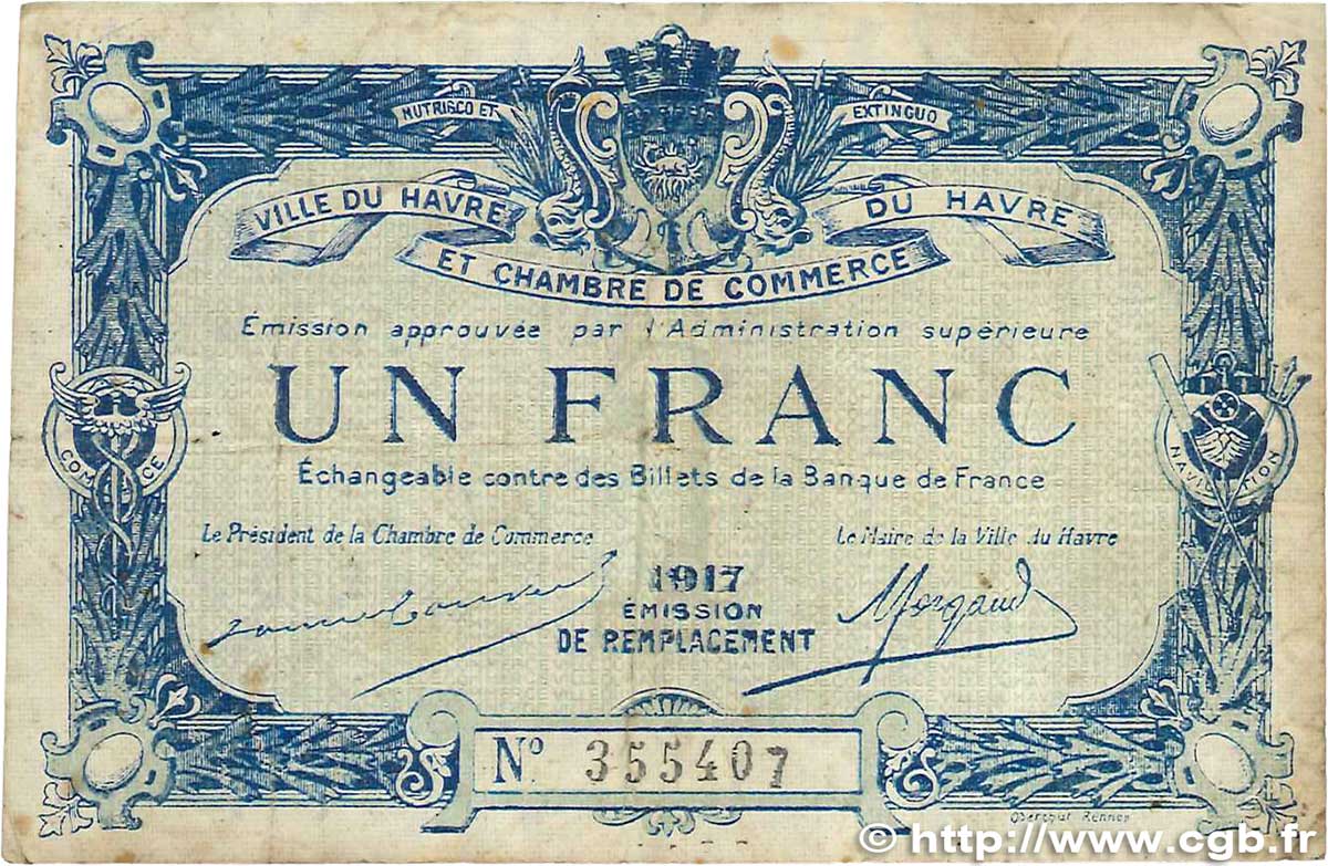 1 Franc FRANCE Regionalismus und verschiedenen Le Havre 1917 JP.068.18 S