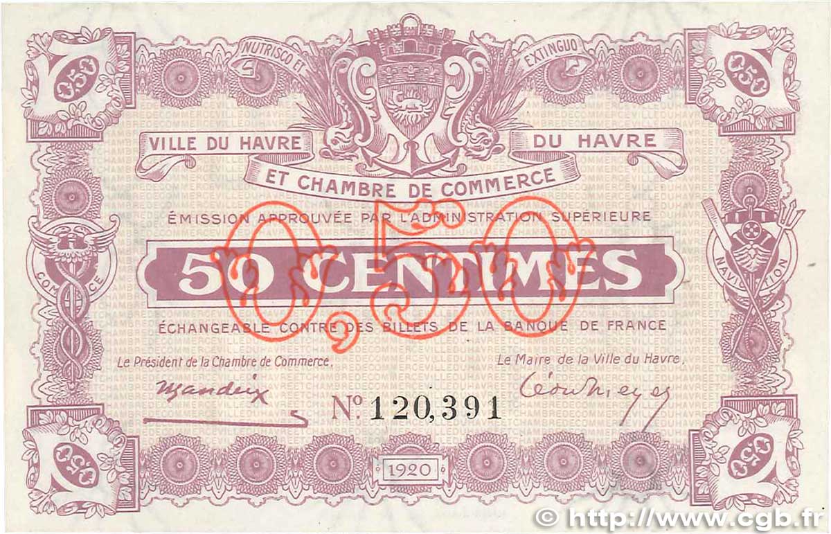 50 Centimes FRANCE regionalism and miscellaneous Le Havre 1920 JP.068.20 AU