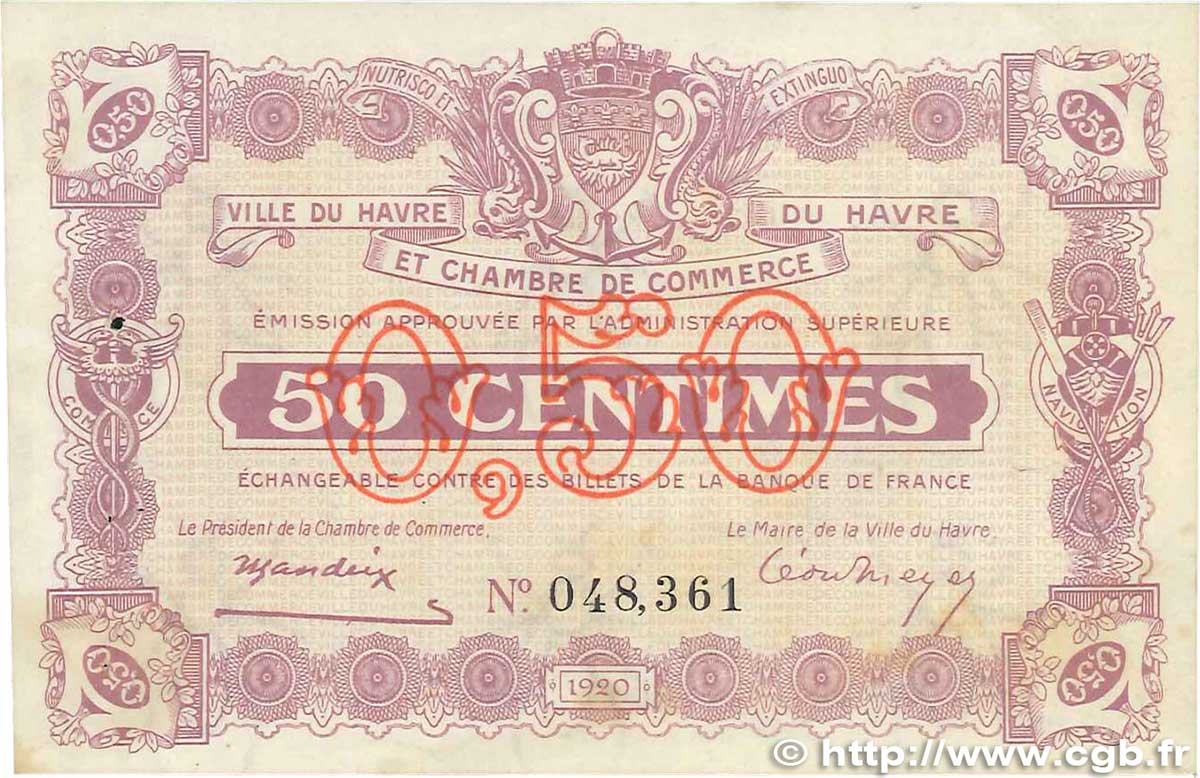 50 Centimes FRANCE regionalism and various Le Havre 1920 JP.068.20 XF