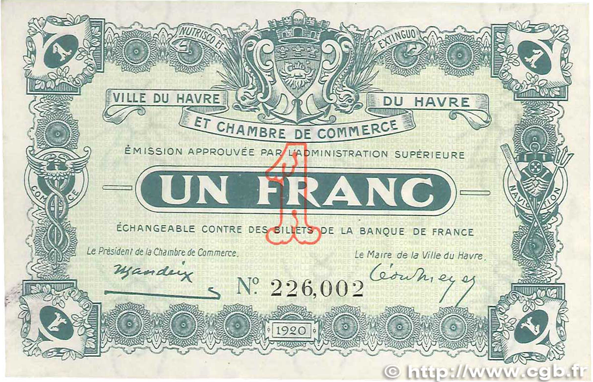 1 Franc FRANCE regionalism and various Le Havre 1920 JP.068.22 XF+