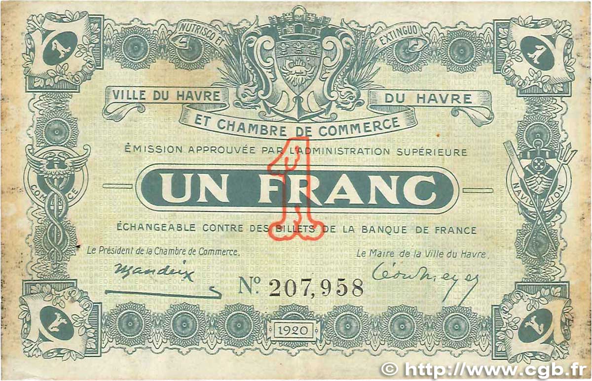 1 Franc FRANCE regionalism and various Le Havre 1920 JP.068.22 VF-