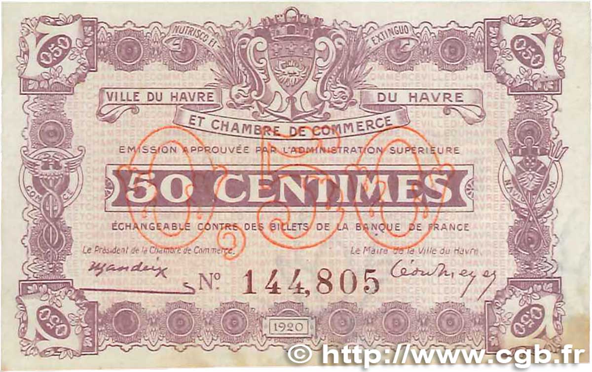 50 Centimes FRANCE regionalism and miscellaneous Le Havre 1920 JP.068.26 XF