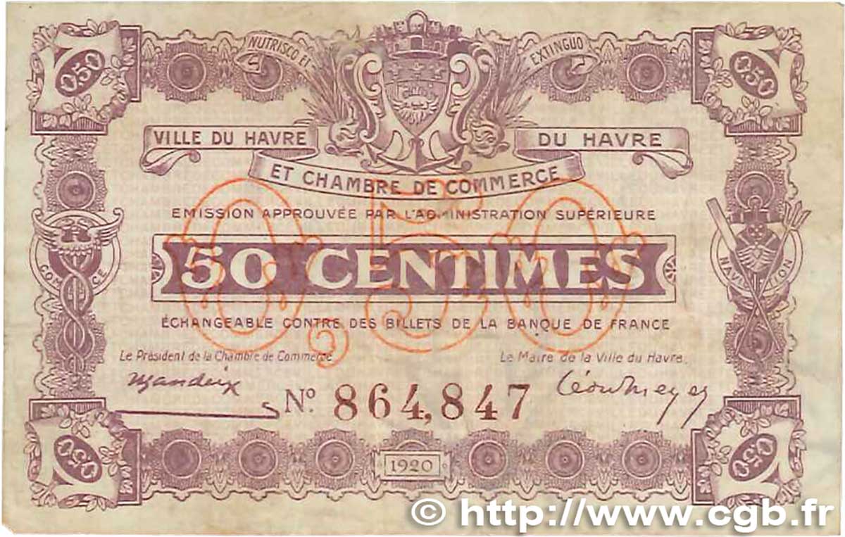 50 Centimes FRANCE regionalism and various Le Havre 1920 JP.068.26 F