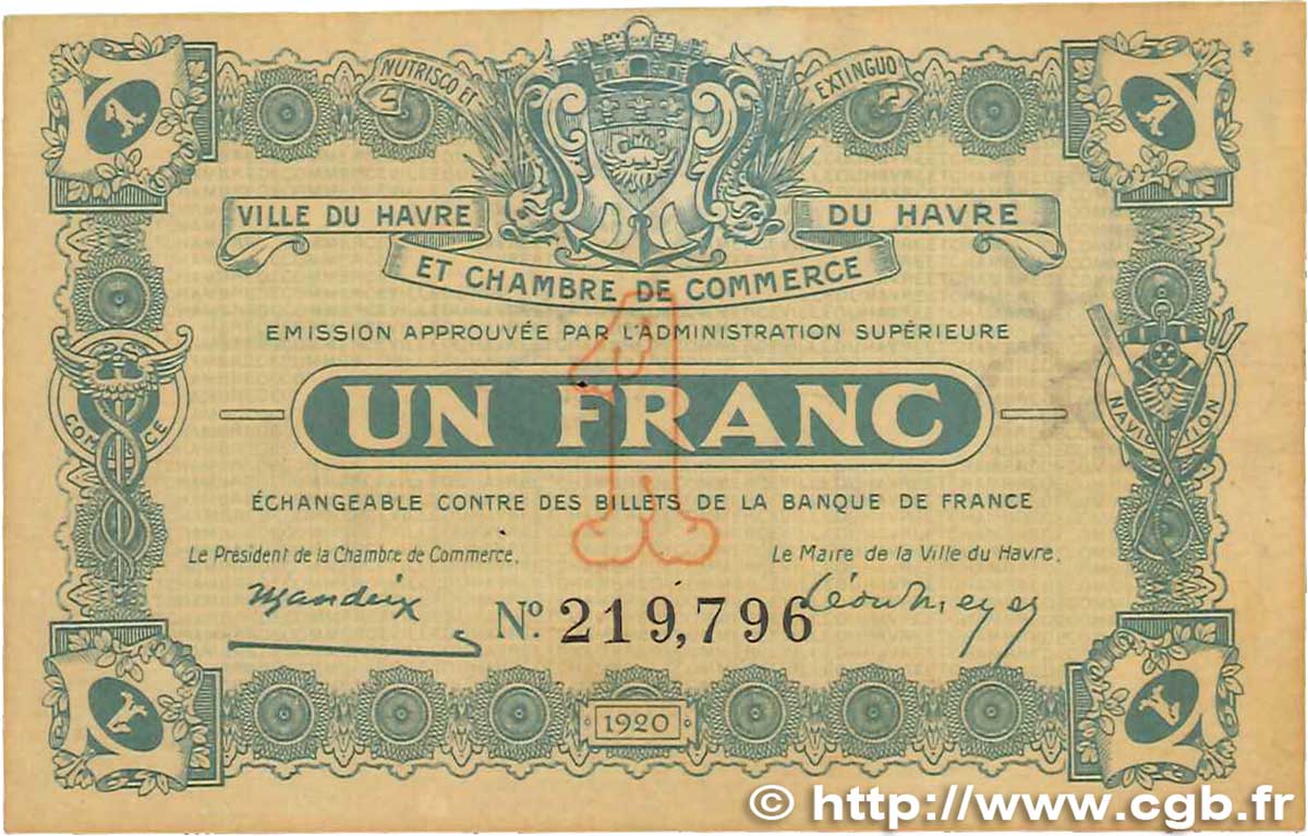 1 Franc FRANCE regionalism and various Le Havre 1920 JP.068.28 VF+