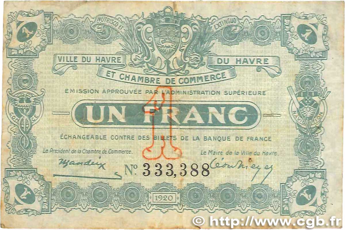 1 Franc FRANCE regionalismo y varios Le Havre 1920 JP.068.28 BC