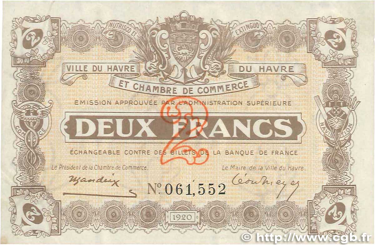 2 Francs FRANCE regionalism and various Le Havre 1920 JP.068.30 VF+