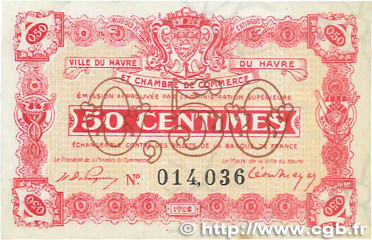 50 Centimes FRANCE regionalism and miscellaneous Le Havre 1922 JP.068.33 XF