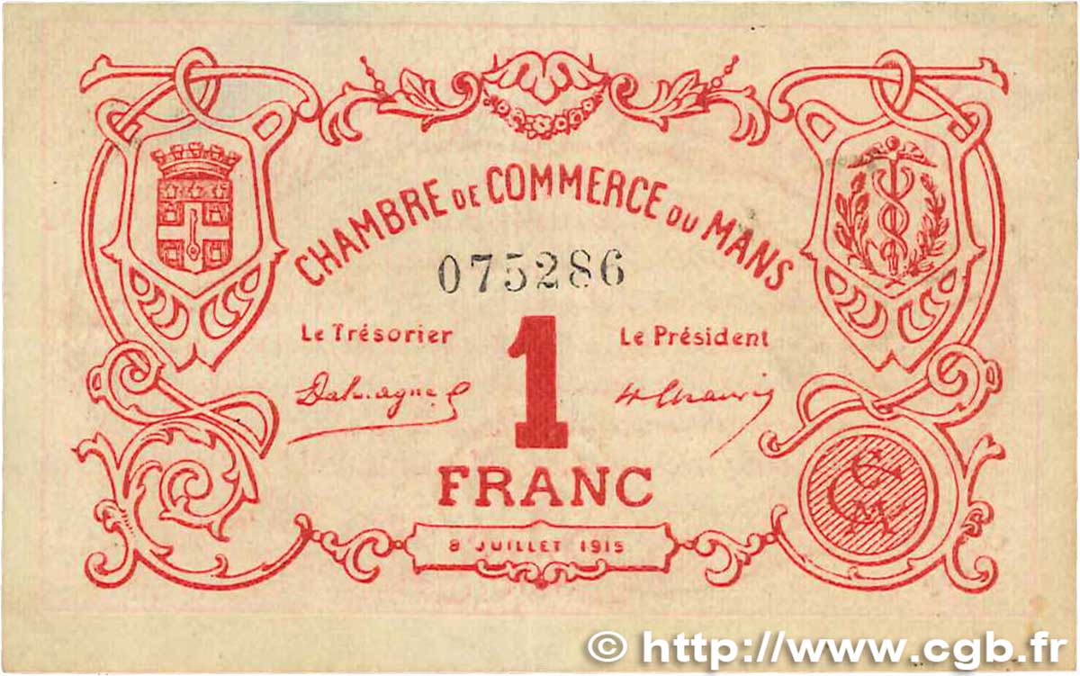 1 Franc FRANCE Regionalismus und verschiedenen Le Mans 1915 JP.069.05 SS