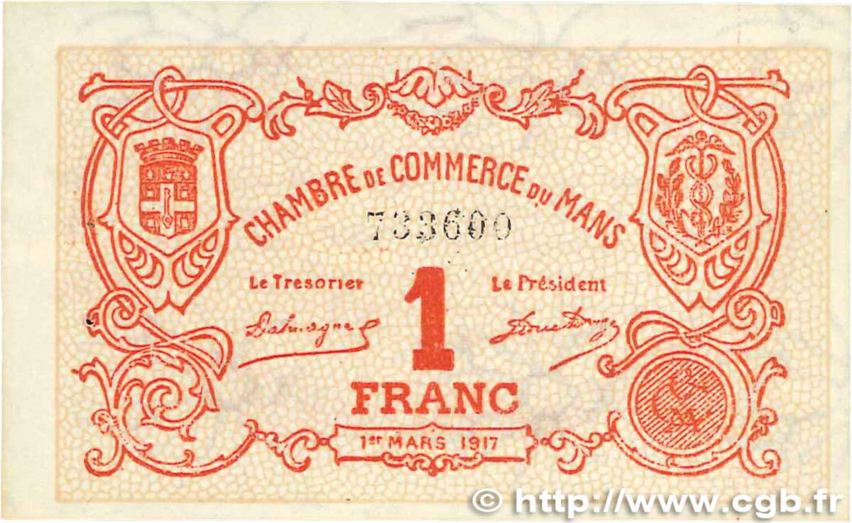 1 Franc FRANCE regionalism and various Le Mans 1917 JP.069.12 AU