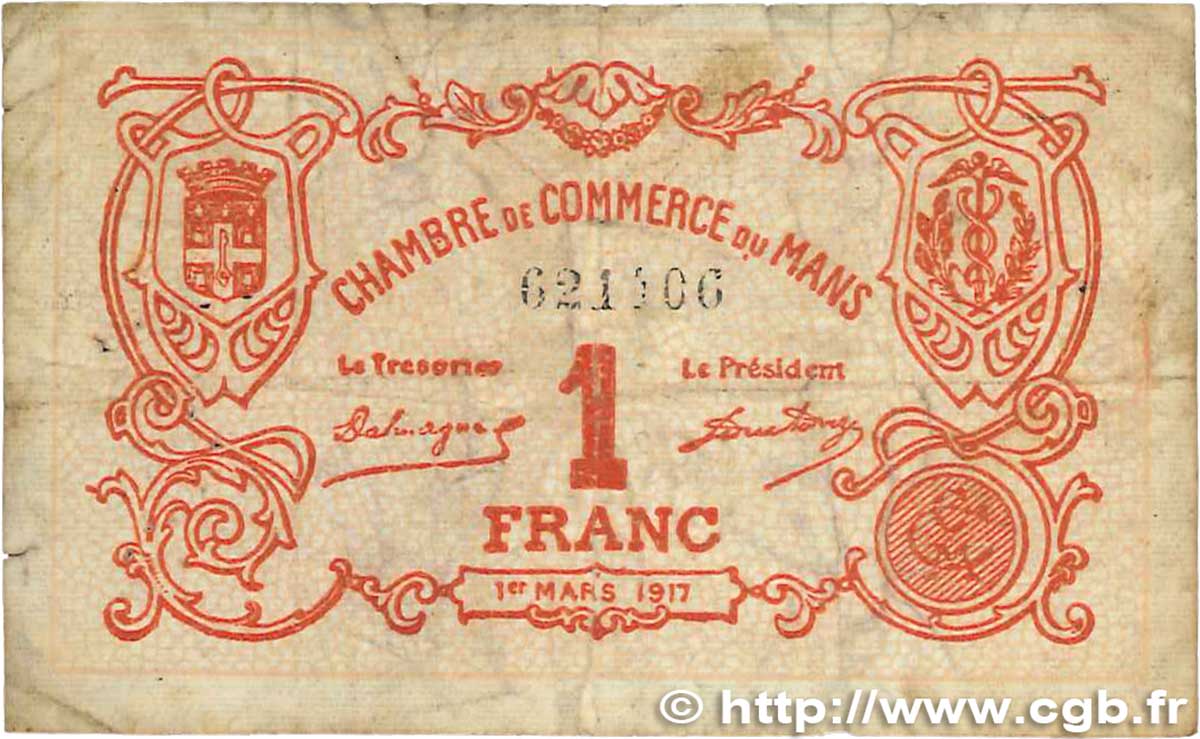 1 Franc FRANCE regionalism and various Le Mans 1917 JP.069.12 F