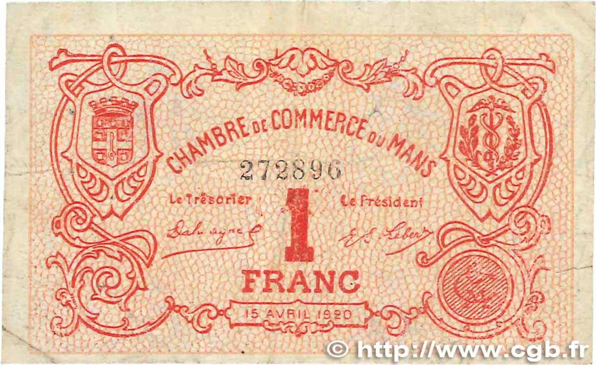 1 Franc FRANCE Regionalismus und verschiedenen Le Mans 1920 JP.069.18 SS