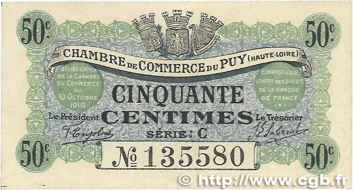 50 Centimes FRANCE regionalism and various Le Puy 1916 JP.070.05 AU