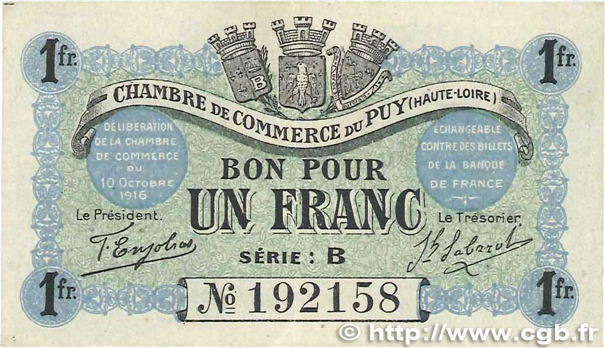1 Franc FRANCE Regionalismus und verschiedenen Le Puy 1916 JP.070.06 VZ+