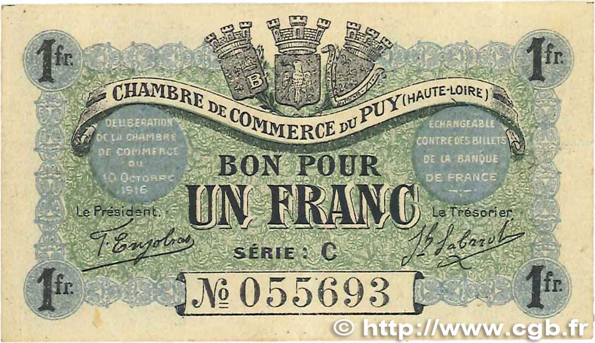 1 Franc FRANCE Regionalismus und verschiedenen Le Puy 1916 JP.070.06 SS