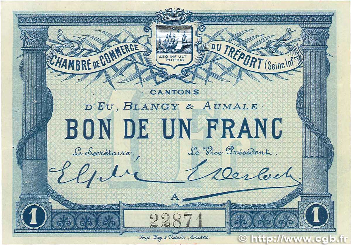 1 Franc FRANCE regionalism and various Le Tréport 1915 JP.071.02 XF+