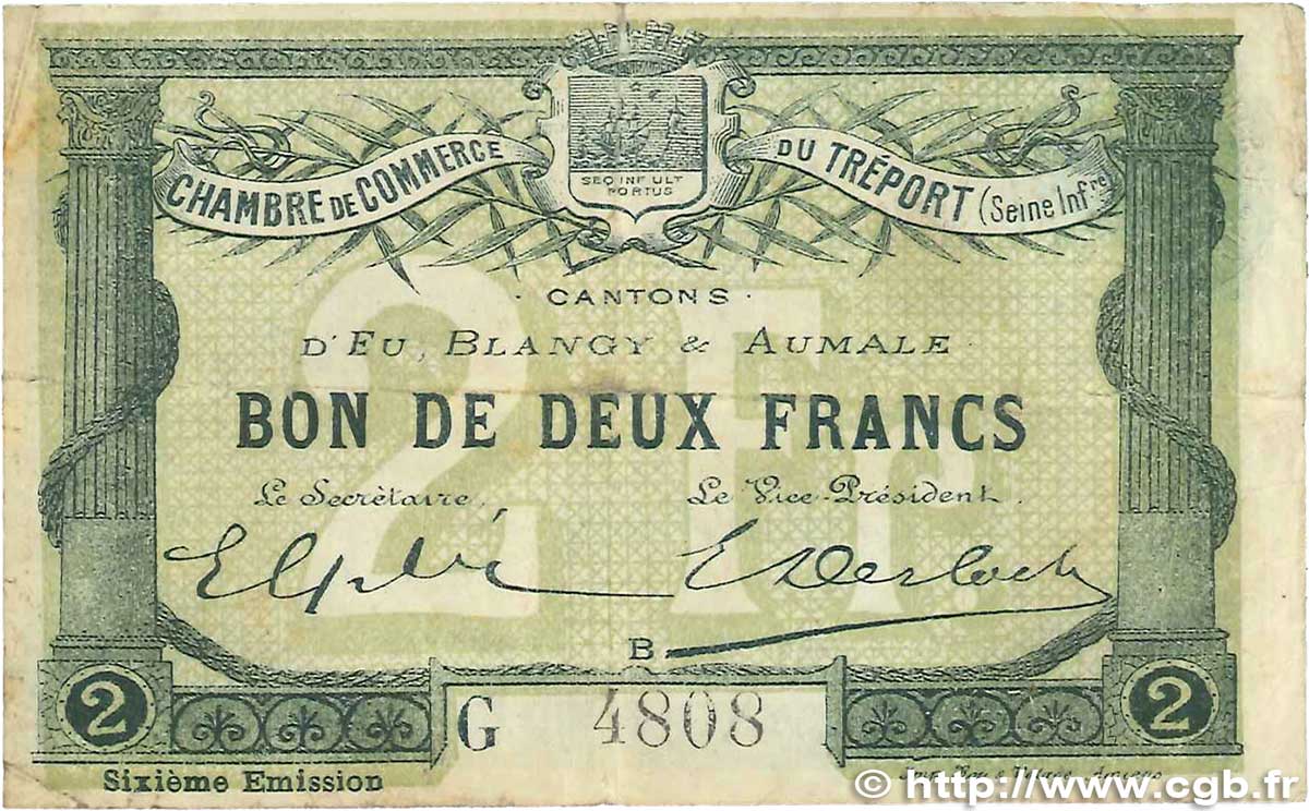 2 Francs FRANCE regionalismo y varios Le Tréport 1916 JP.071.26 BC+
