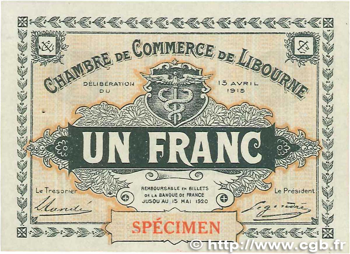 1 Franc Spécimen FRANCE regionalism and various  1915 JP.072.06var. XF+