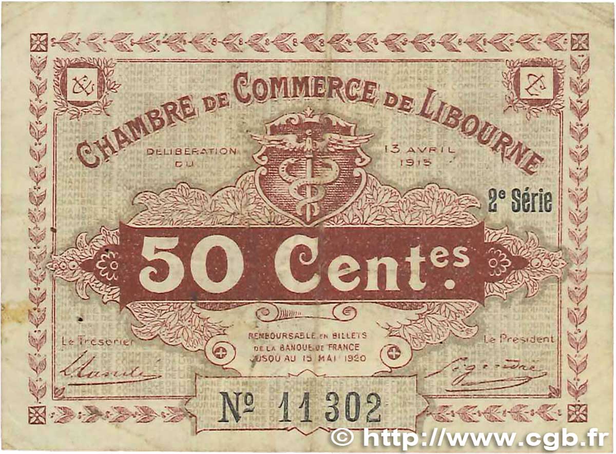 50 Centimes FRANCE regionalismo y varios Libourne 1915 JP.072.12 MBC
