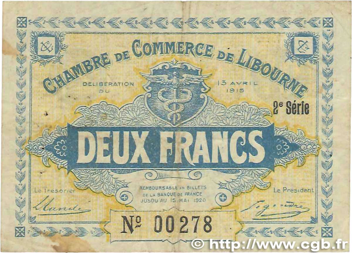 2 Francs FRANCE Regionalismus und verschiedenen Libourne 1915 JP.072.14 S