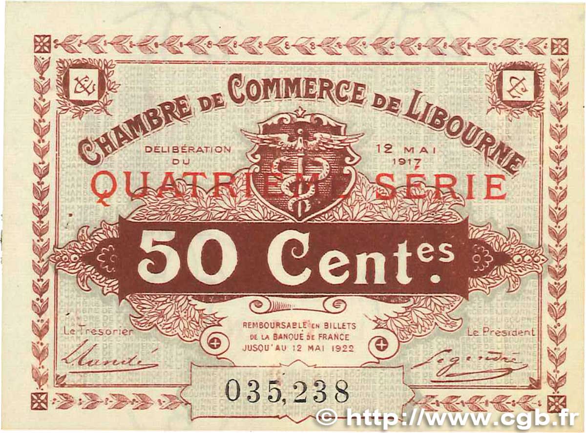 50 Centimes FRANCE regionalism and various Libourne 1917 JP.072.18 XF+