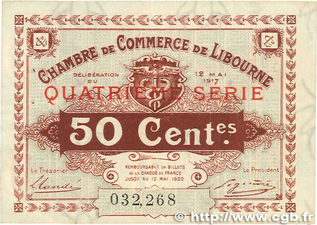 50 Centimes FRANCE regionalism and miscellaneous Libourne 1917 JP.072.18 VF+