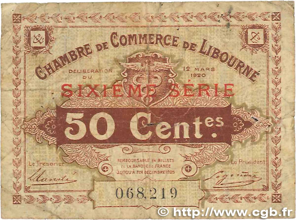 50 Centimes FRANCE regionalismo y varios Libourne 1920 JP.072.29 BC