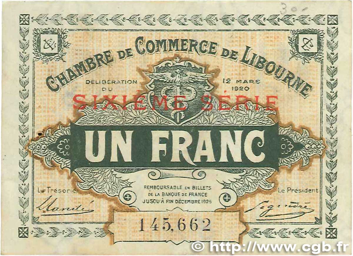 1 Franc FRANCE Regionalismus und verschiedenen Libourne 1920 JP.072.30 SS
