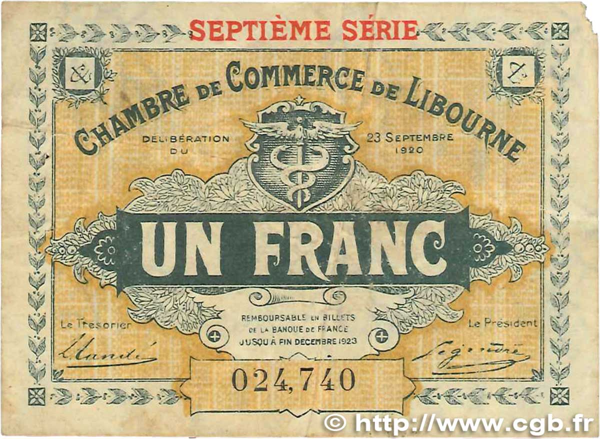 1 Franc FRANCE Regionalismus und verschiedenen Libourne 1920 JP.072.33 S
