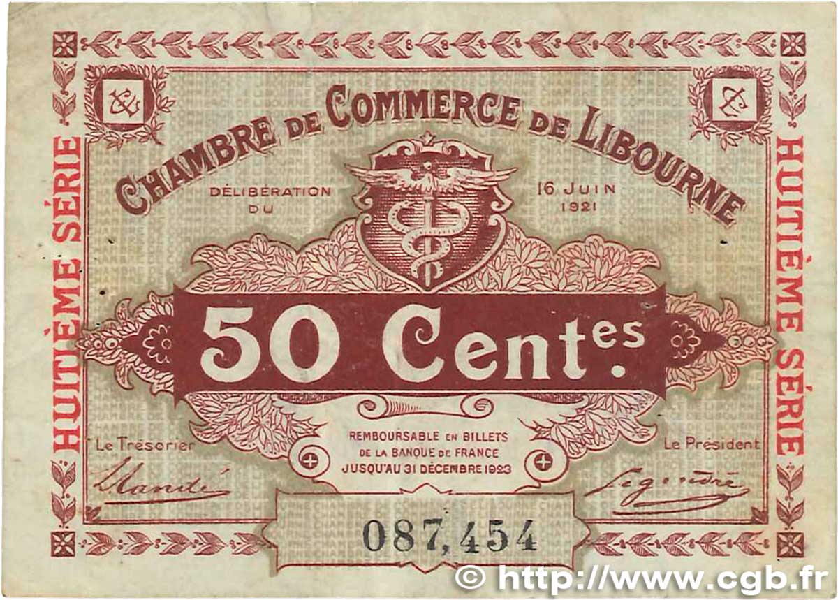 50 Centimes FRANCE regionalism and various Libourne 1921 JP.072.35 VF