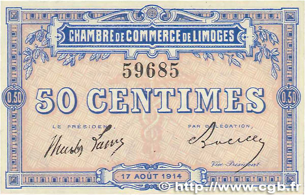 50 Centimes FRANCE Regionalismus und verschiedenen Limoges 1914 JP.073.01 VZ+
