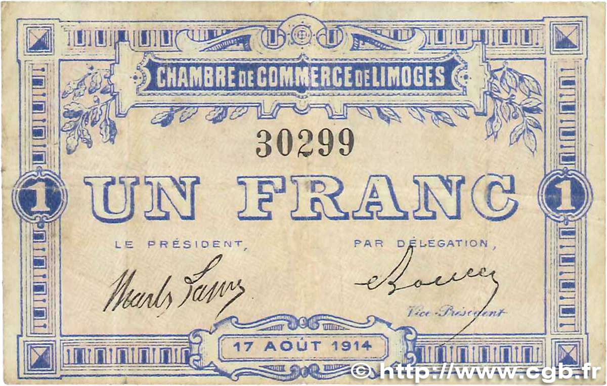 1 Franc FRANCE regionalism and various Limoges 1914 JP.073.03 VF-