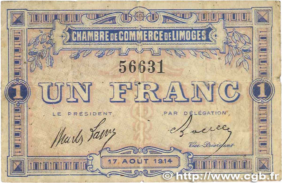 1 Franc FRANCE regionalismo y varios Limoges 1914 JP.073.03 BC